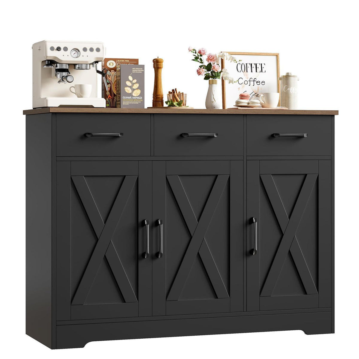 Sideboard Küchenschrank mit 3 Schubladen & 3 Türen – Antik Braun/Schwarz
