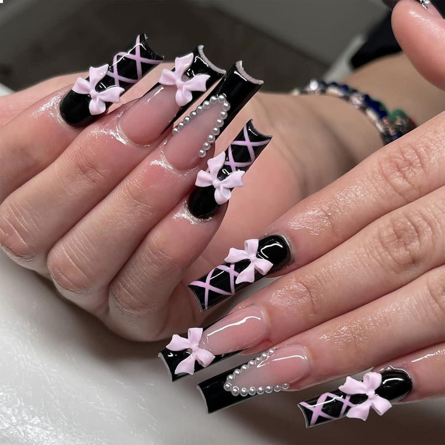 Schwarze Glossy Coffin Acryl Fingernägel mit Schleife - Stil-23
