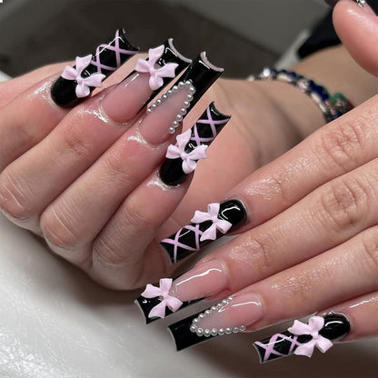 Schwarze Glossy Coffin Acryl Fingernägel mit Schleife - Stil-23