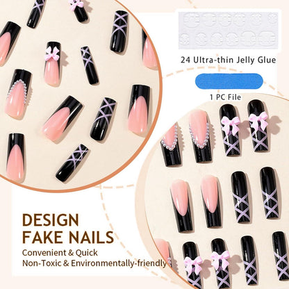 Schwarze Glossy Coffin Acryl Fingernägel mit Schleife - Stil-23