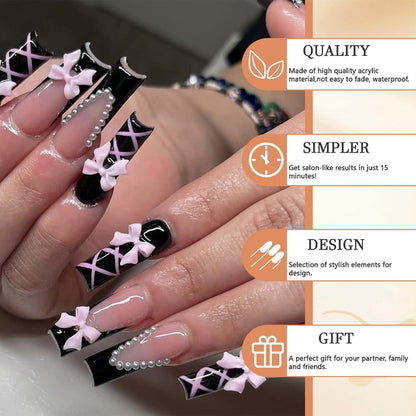 Schwarze Glossy Coffin Lang Acryl Nägel - Rosa Schleife Design - 24 Stück