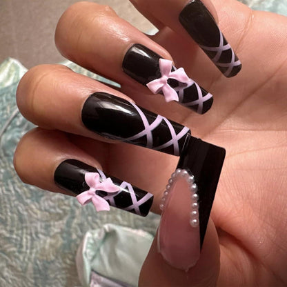 Press on Nägel Coffin Lang Schwarz Glossy Full Cover Acryl mit Rosa