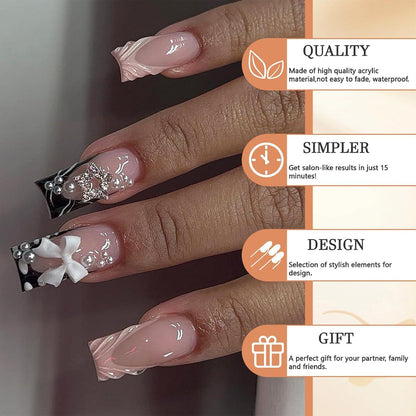24er Set Rosa Rhinestone Fingernagel Nägel - Mittellang Glossy 3D Nagel Spitzen