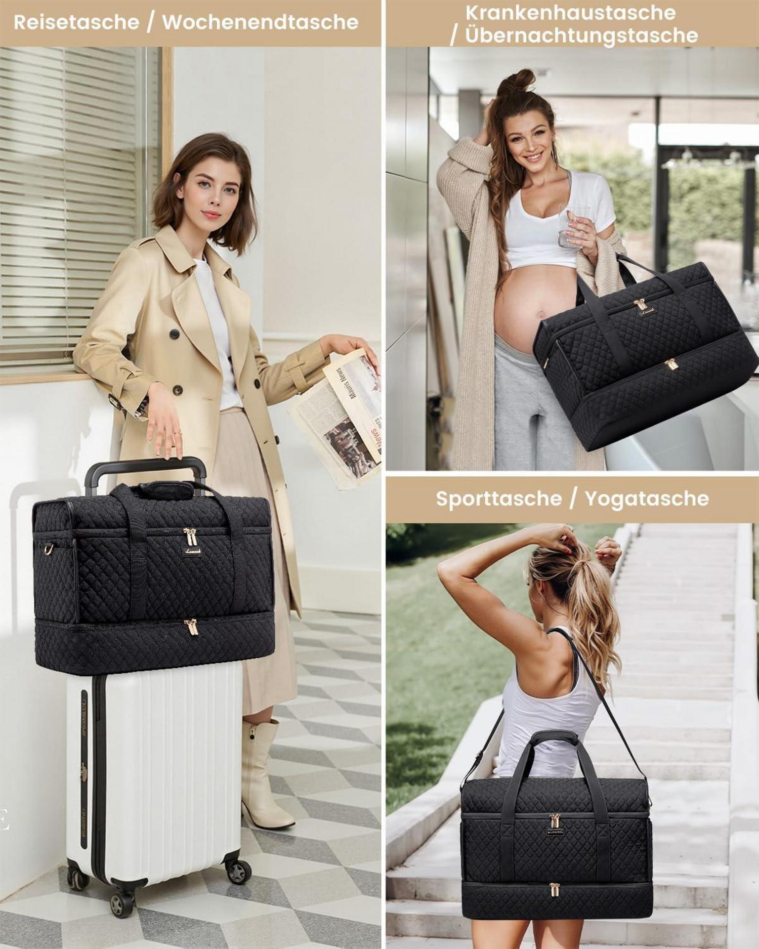Travel Duffle Bag Damen Handgepäck Schwarz mit Schuhfach