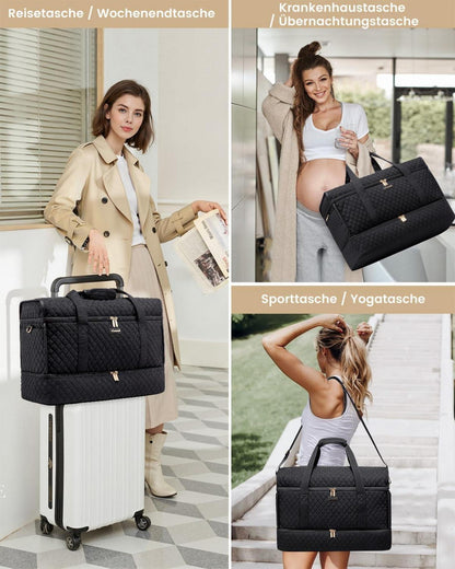 Travel Duffle Bag Damen Handgepäck Schwarz mit Schuhfach