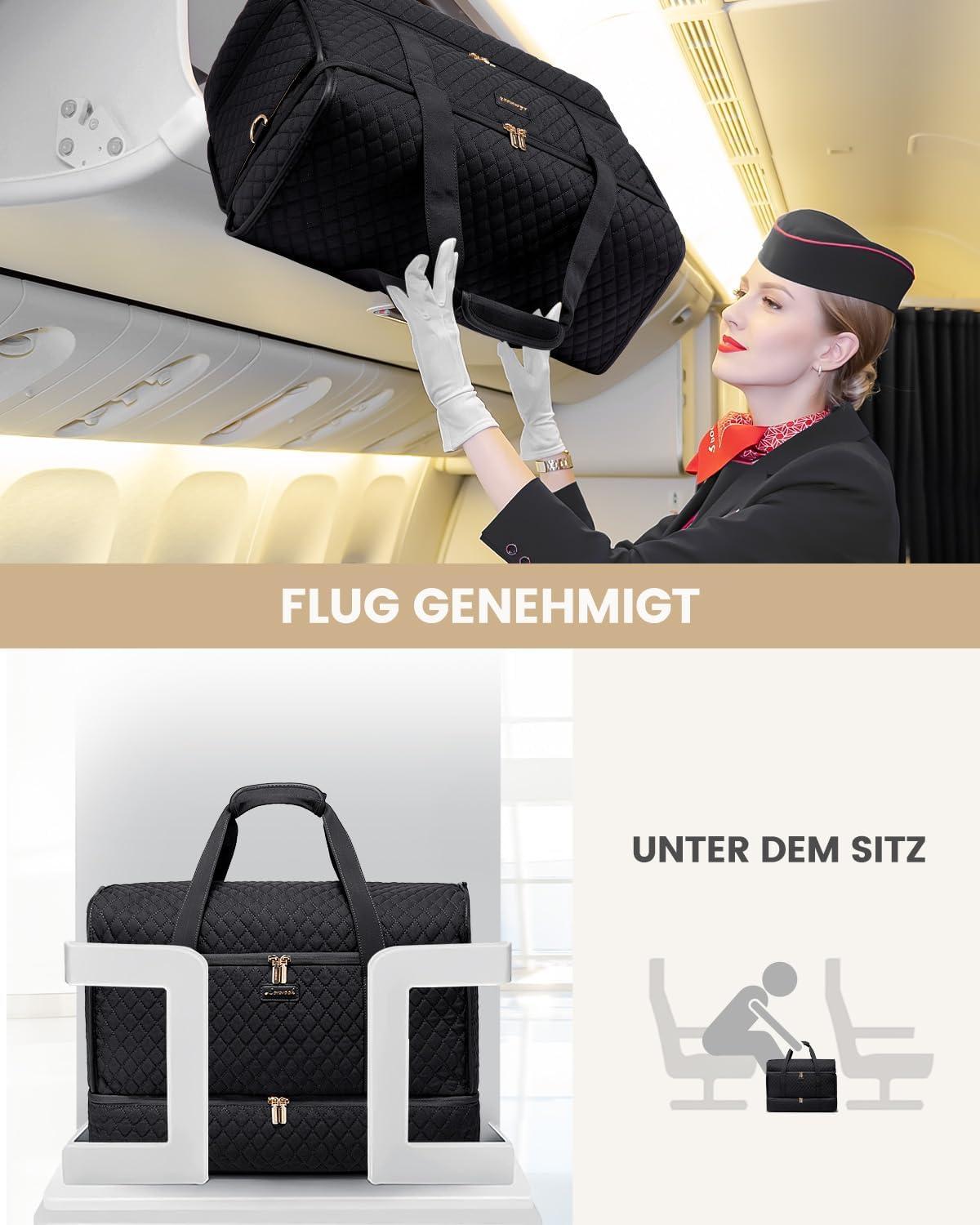 Reisetasche Damen mit Schuhfach, Große Öffnung Schwarz
