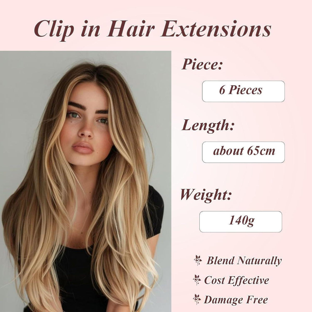 Haarverlängerung Clip-in glatt 65cm – Schwarz & Blond