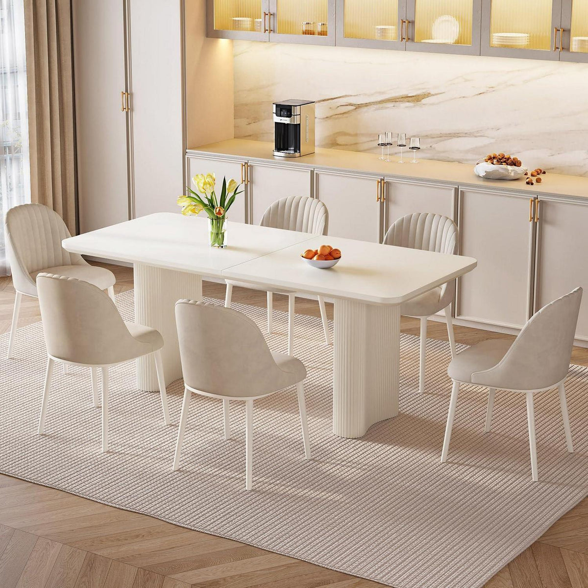 Weißer Esstisch Set mit 6 gepolsterten Stühlen – Modernes Design