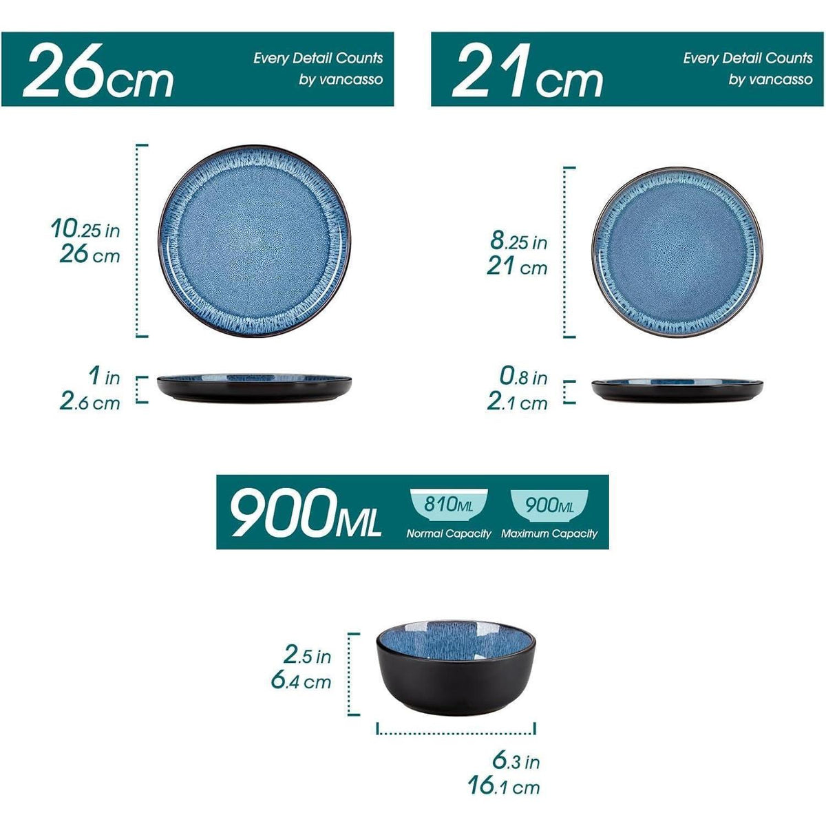 Steingut Geschirrset 36tlg für 12 Personen, Blau