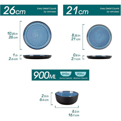 Steingut Geschirrset 36tlg für 12 Personen, Blau