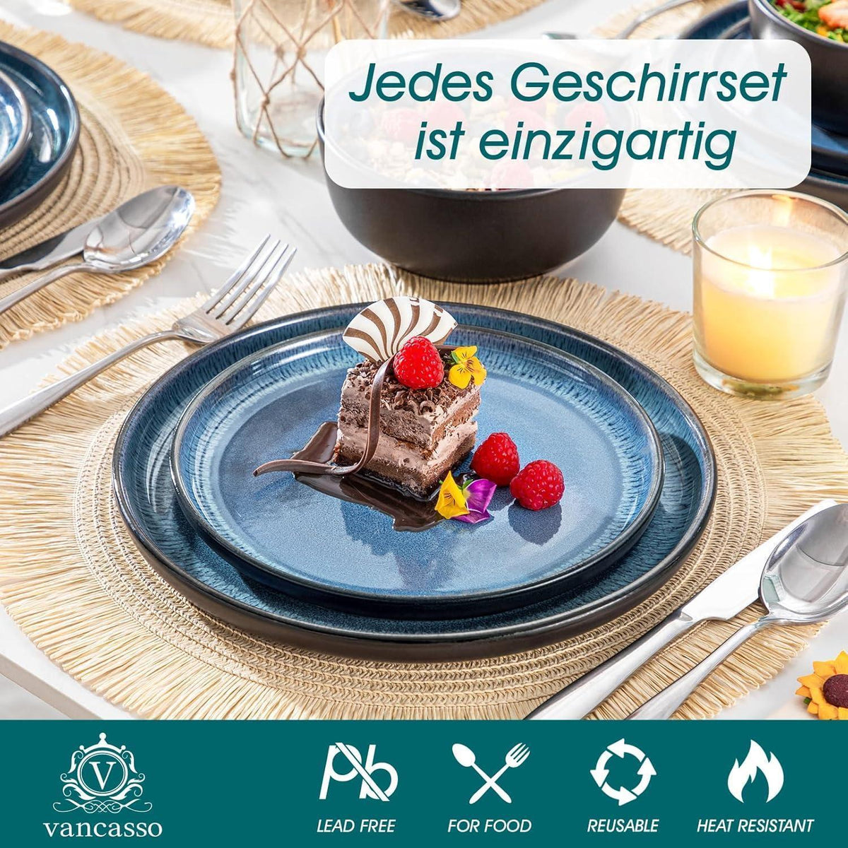Steingut Geschirrset 36tlg für 12 Personen, Blau