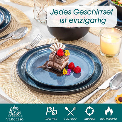 Steingut Geschirrset 36tlg für 12 Personen, Blau