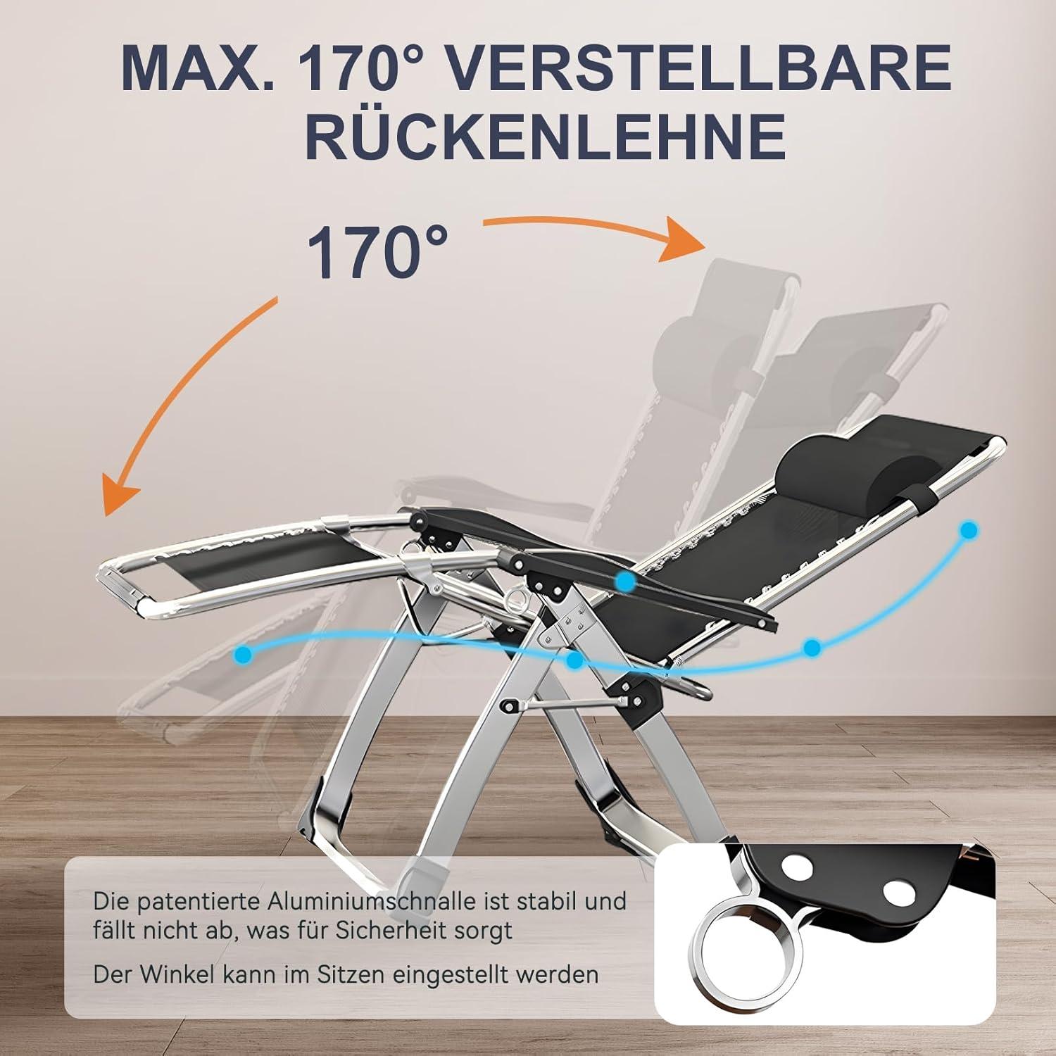 Zero Gravity Liegestuhl mit Polster und Seitentasche, 200 kg Traglast