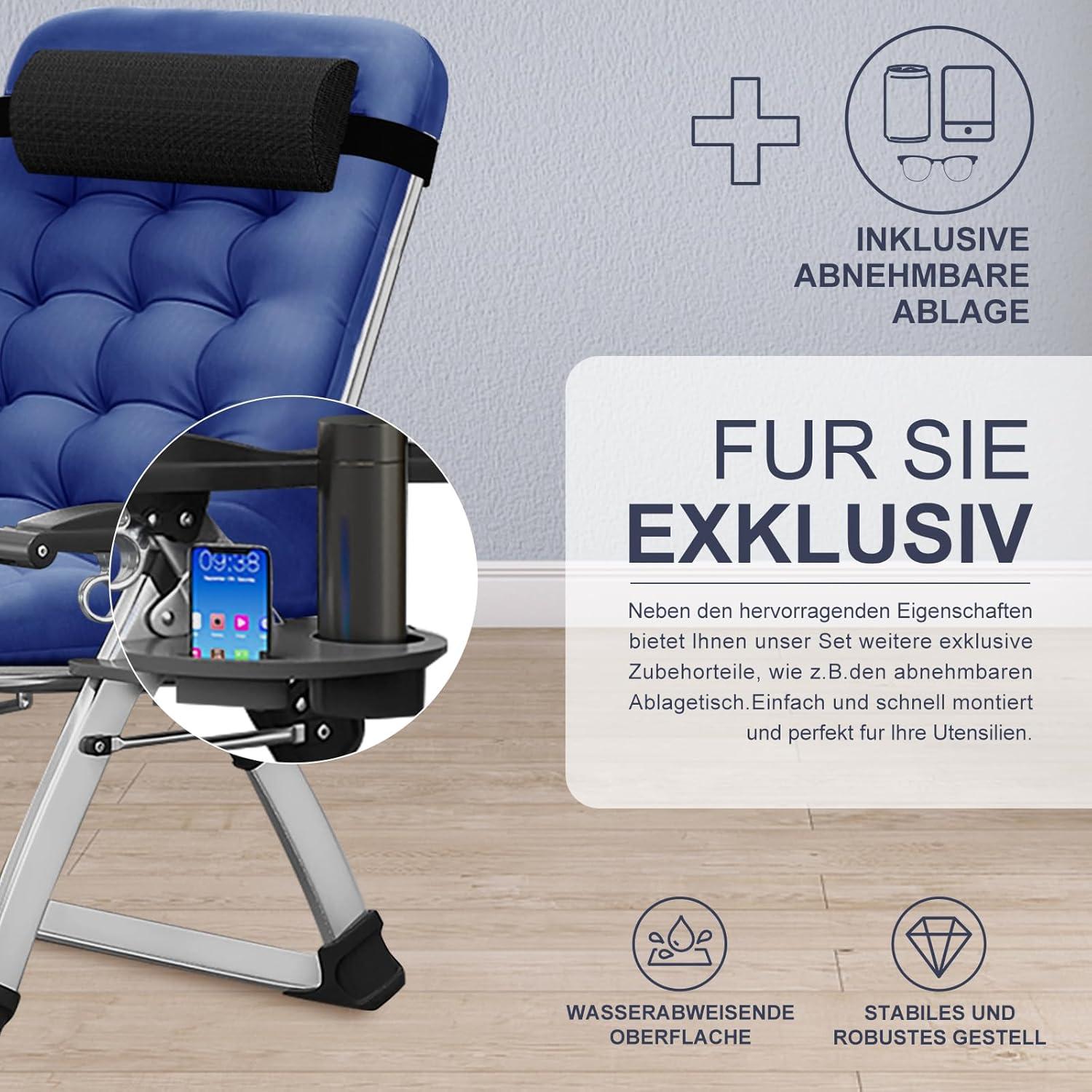 Zero Gravity Liegestuhl Gartenliege klappbar mit Polster und Seitentasche Blau