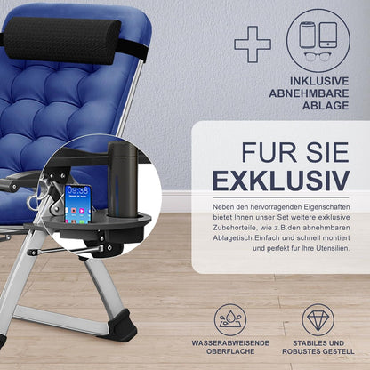 Zero Gravity Liegestuhl Gartenliege klappbar mit Polster und Seitentasche Blau