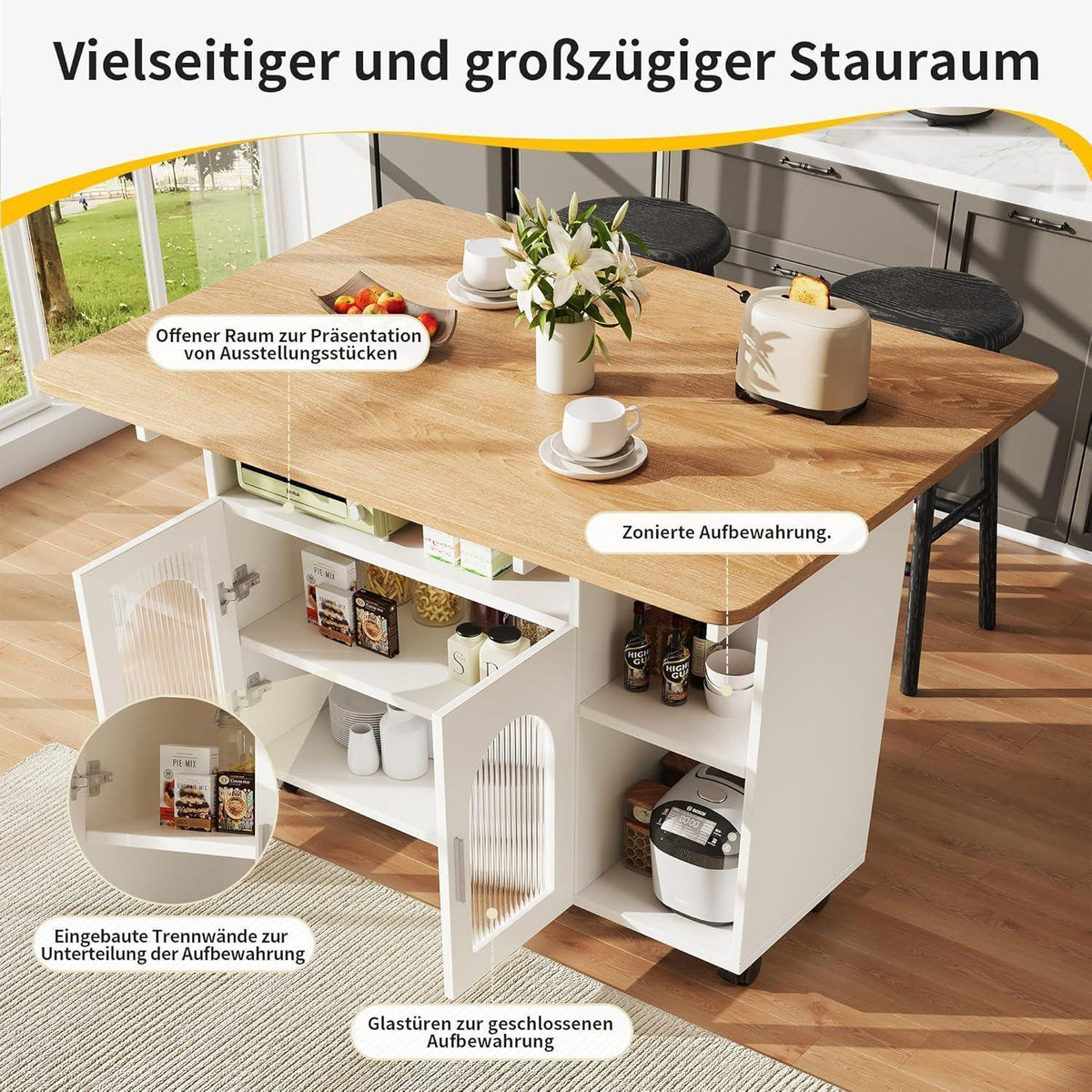 Moderne Kücheninsel mit Stauraum & klappbarem Tisch