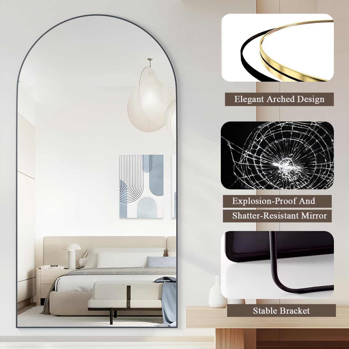 Gewölbter Standspiegel Schwarz 180x80 cm – Kratzfest & Bruchsicher