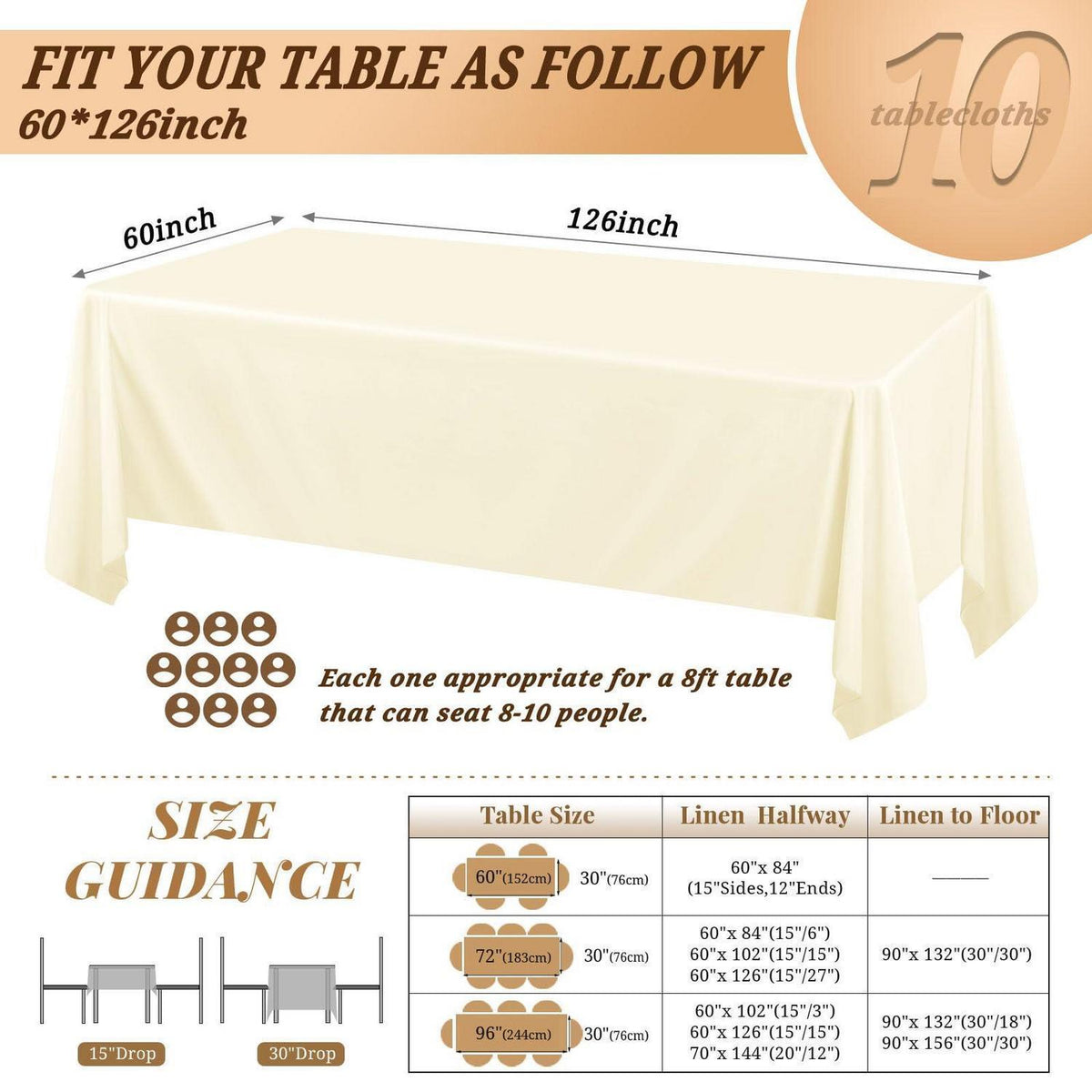 10x Beige Tischdecke Rechteckig 240cm - Fleckenabweisend & Abwaschbar