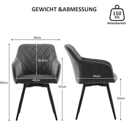 Drehbarer Samt Esszimmerstuhl mit Armlehnen - 2er Set Grau