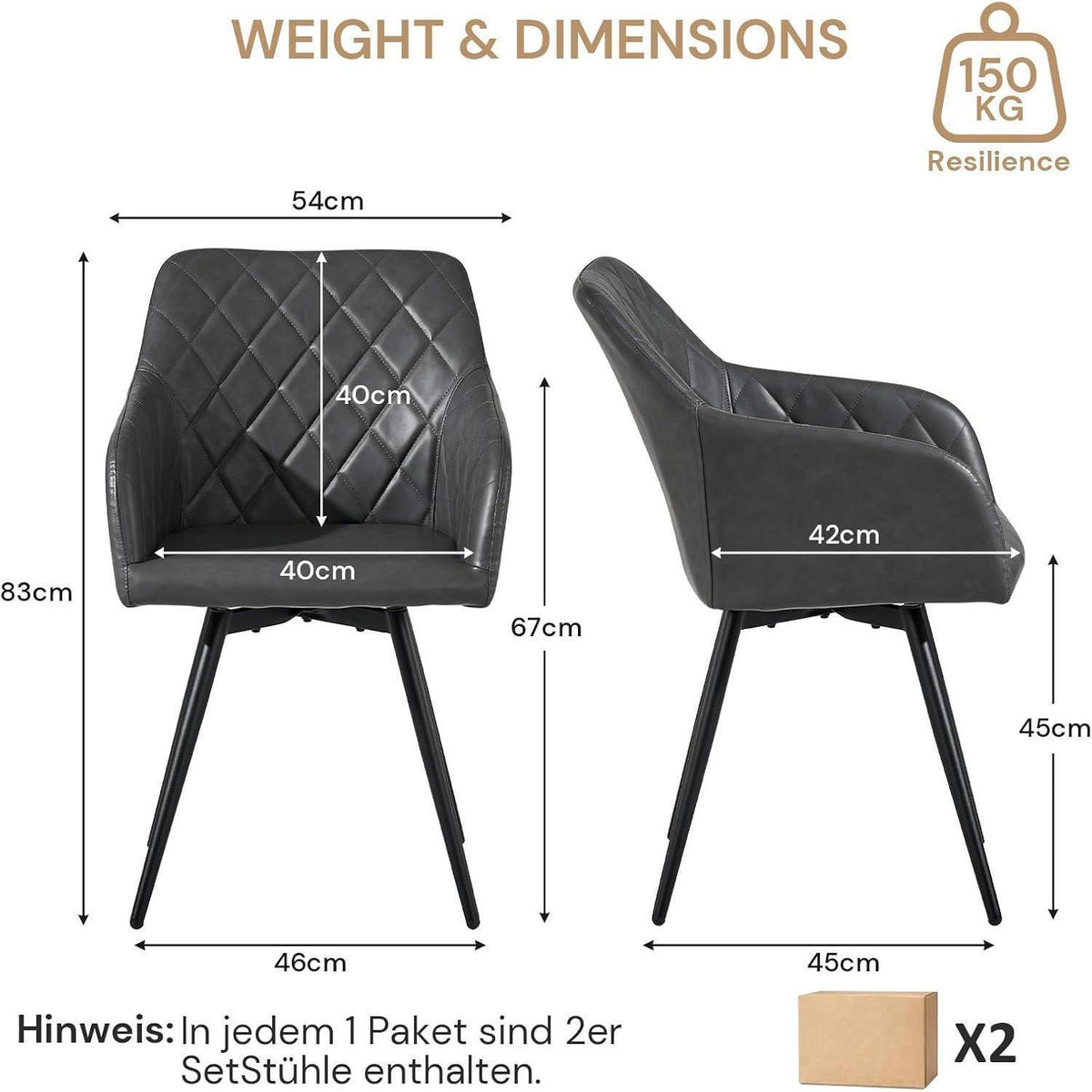 Drehbarer Esszimmerstuhl mit Armlehnen – 4er Set Grau