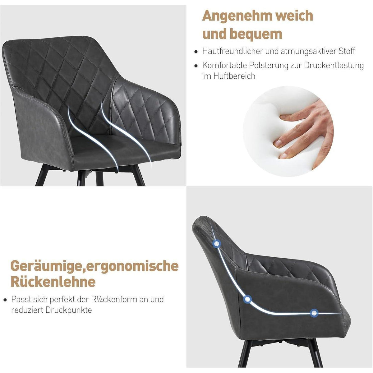 Drehbarer Esszimmerstuhl mit Armlehnen – 4er Set Grau