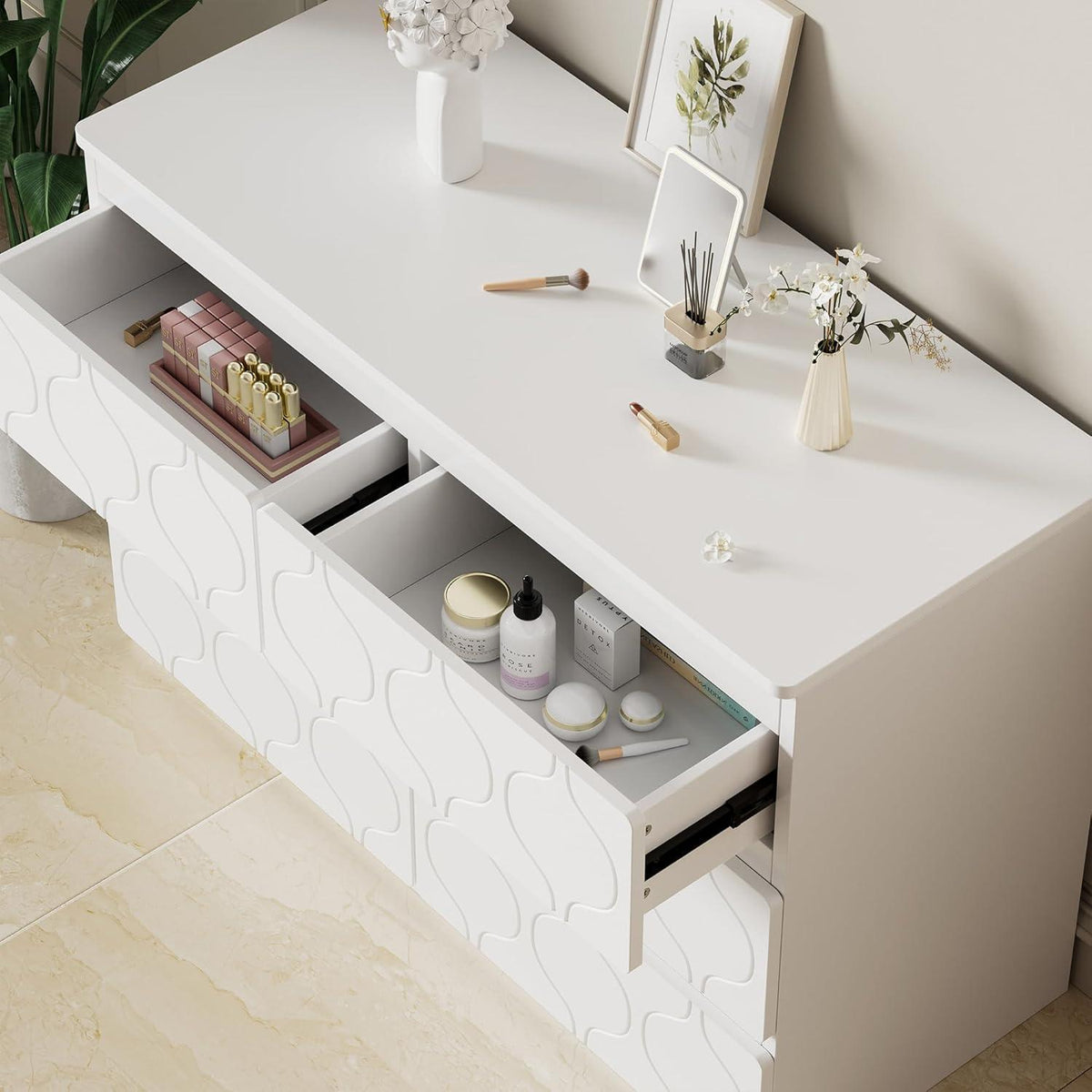 Kommode mit 6 Schubladen, Weiß, Flurschrank mit Wellenmuster