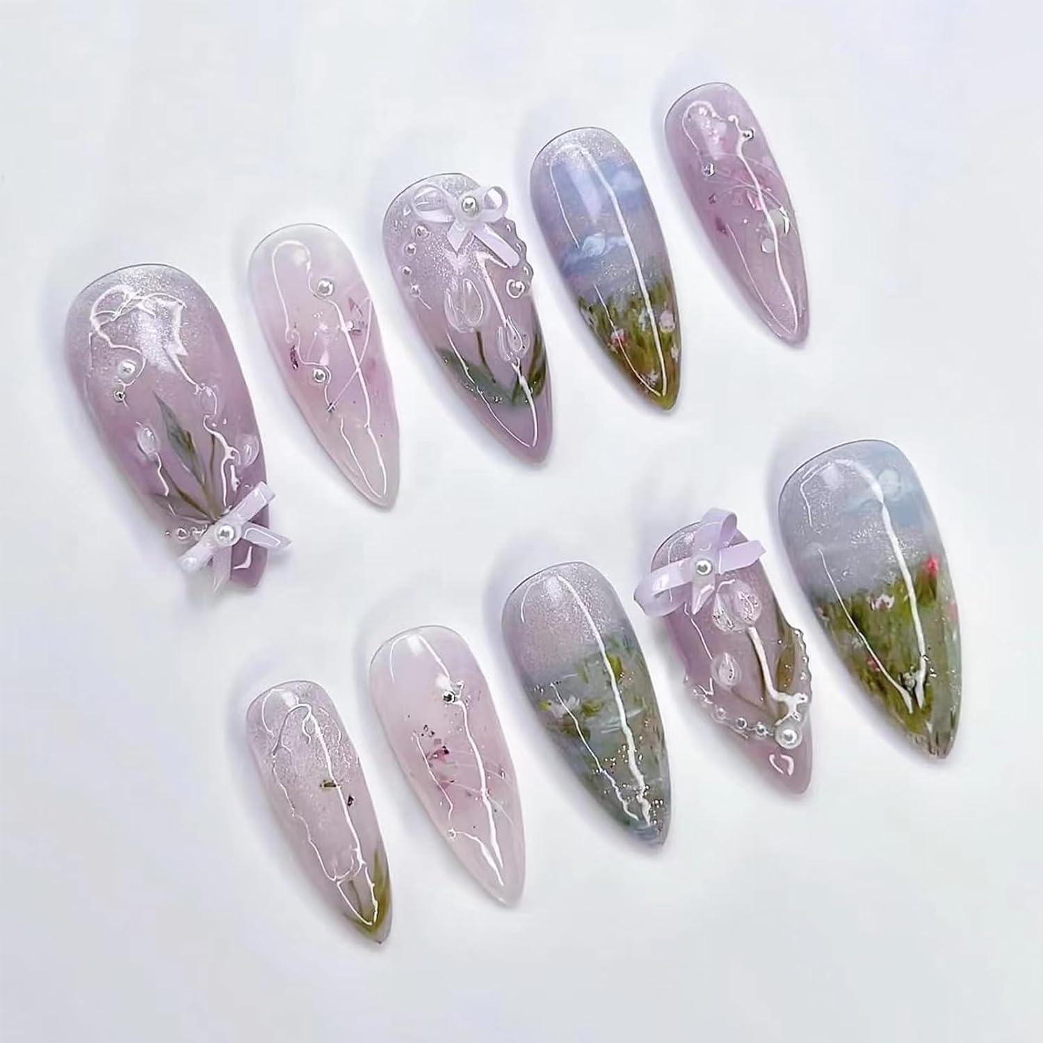 24er Set Flower Press on Nails mit 3D Perlen Design