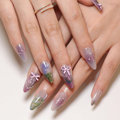 24er Set Flower Press on Nails mit 3D Perlen Design