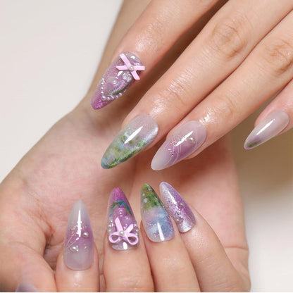 24 Stück Flower Press on Nails Almond Design mit Perlen und Schleife