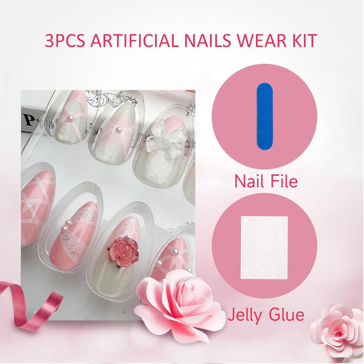 24er Set Y2K Almond 3D Charms Glitter Strass Herz Perle Fake Nails