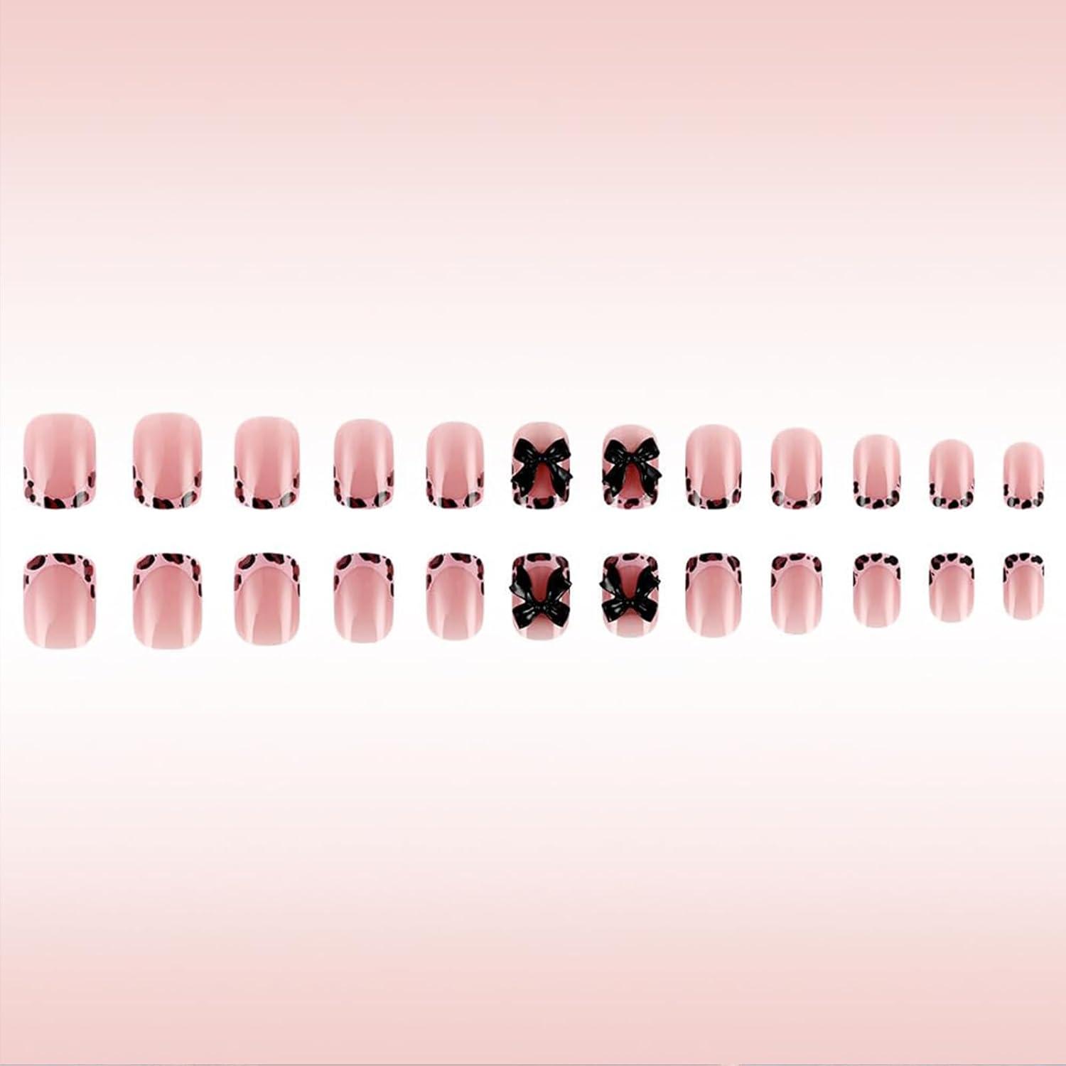 24er Set Short Square French Tip Leopard Print Falsche Nägel
