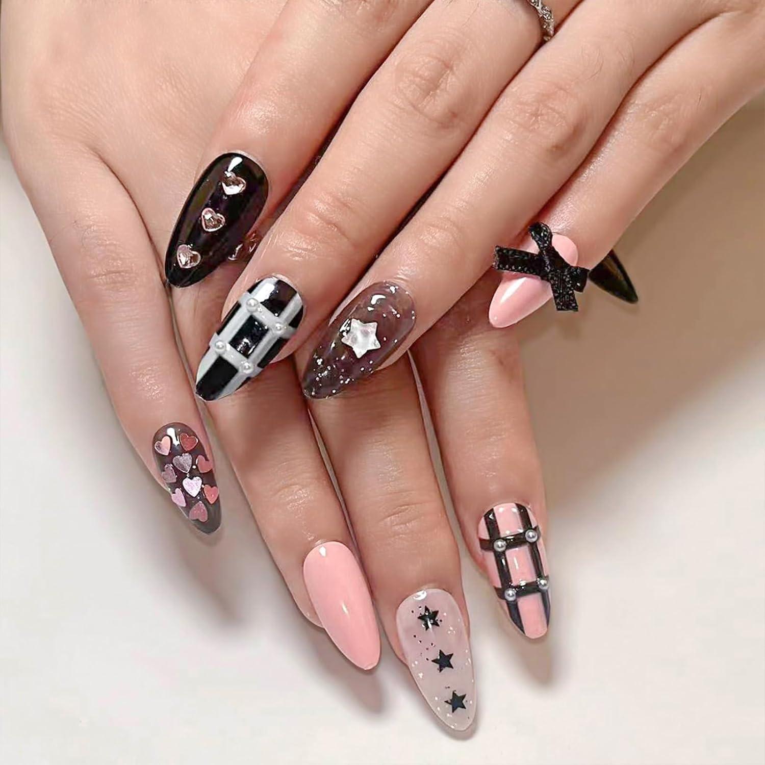 24er Set 3D Schwarz-Falschnägel mit Strass & Perle