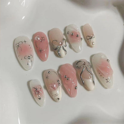 24er Set Rosa Acrylnägel mit 3D Design und Gel-Kleber