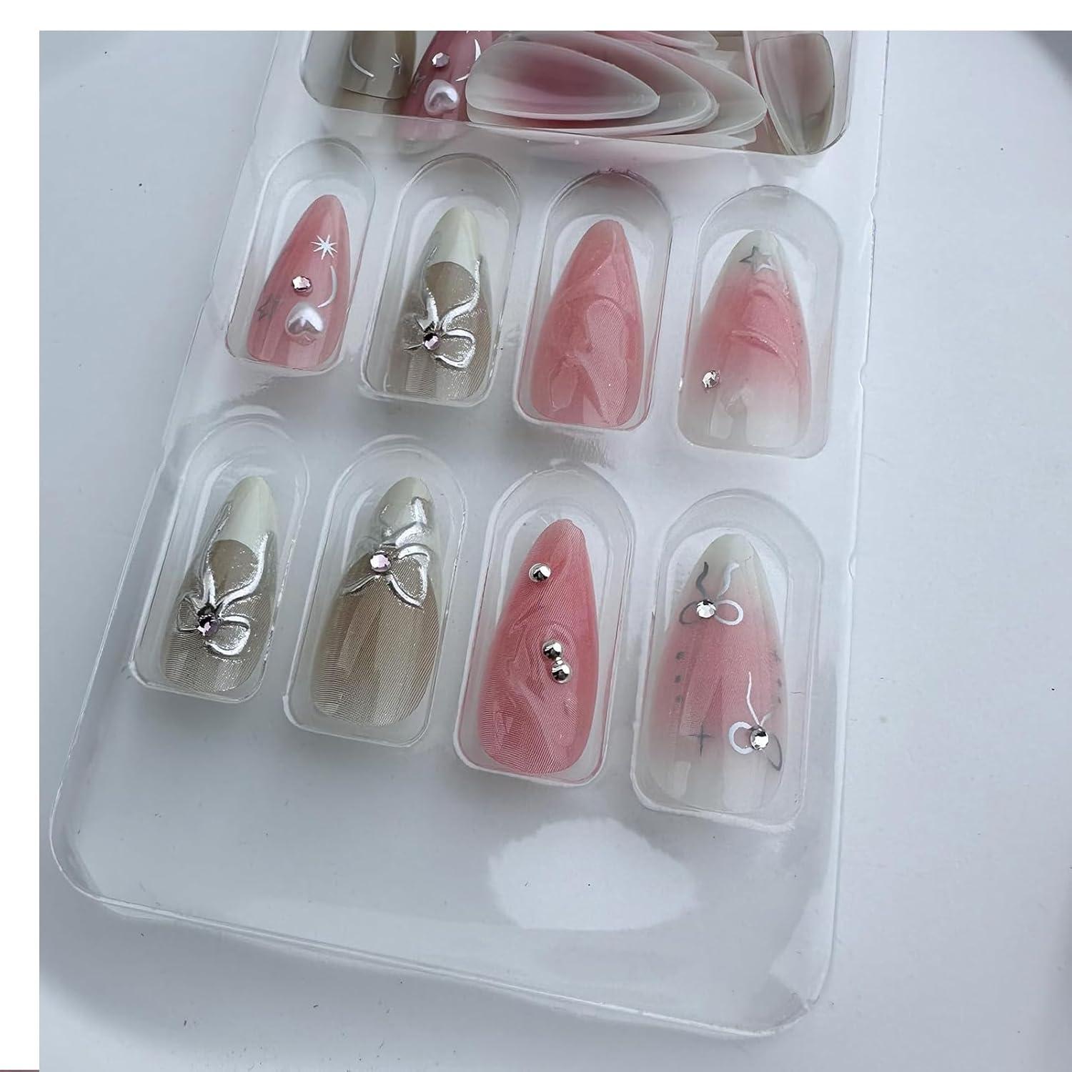 24er Set Rosa Acrylnägel mit 3D Design und Gel-Kleber