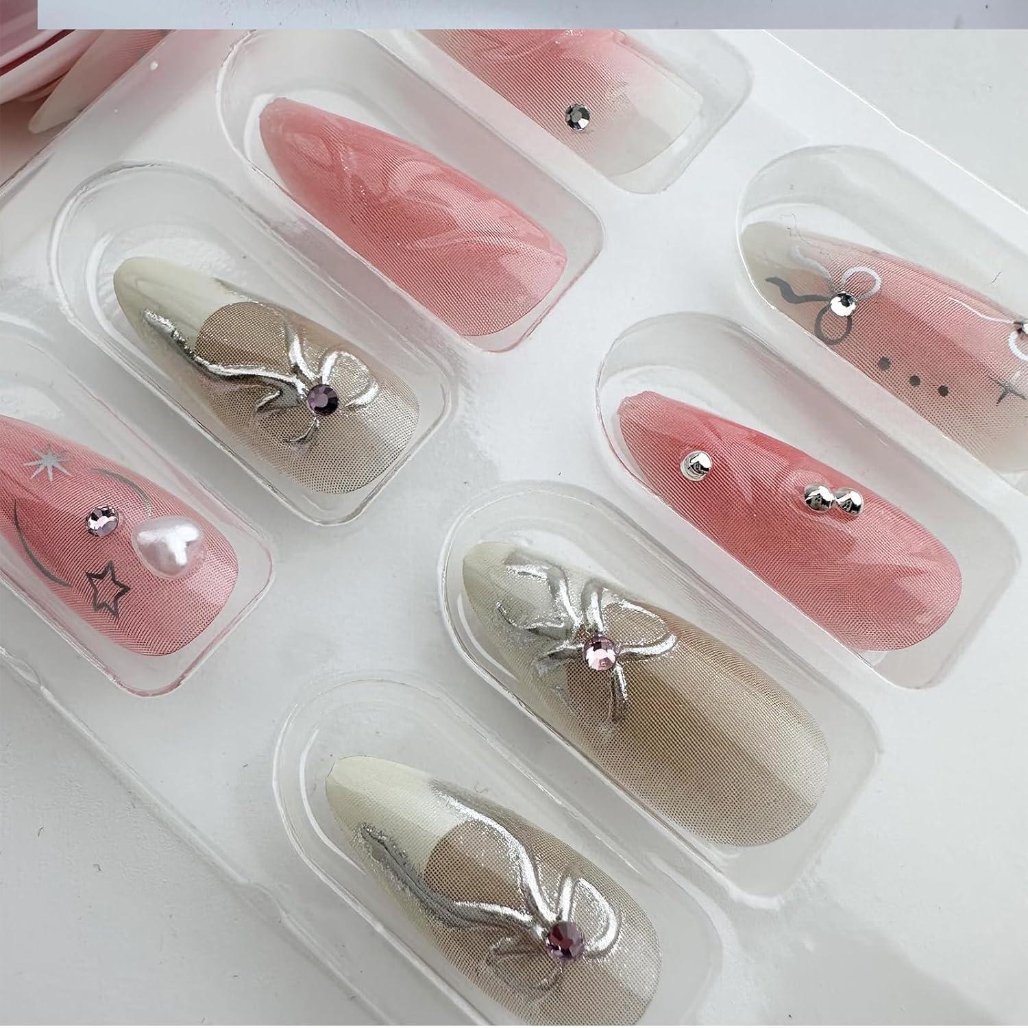 24 Stück Pink Press on Nägel Medium Almond mit 3D Silber Schleife Perlen Design