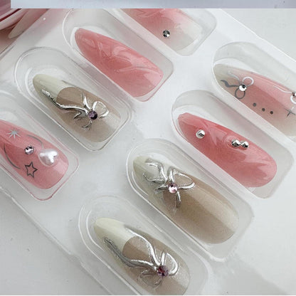 24 Stück Pink Press on Nägel Medium Almond mit 3D Silber Schleife Perlen Design