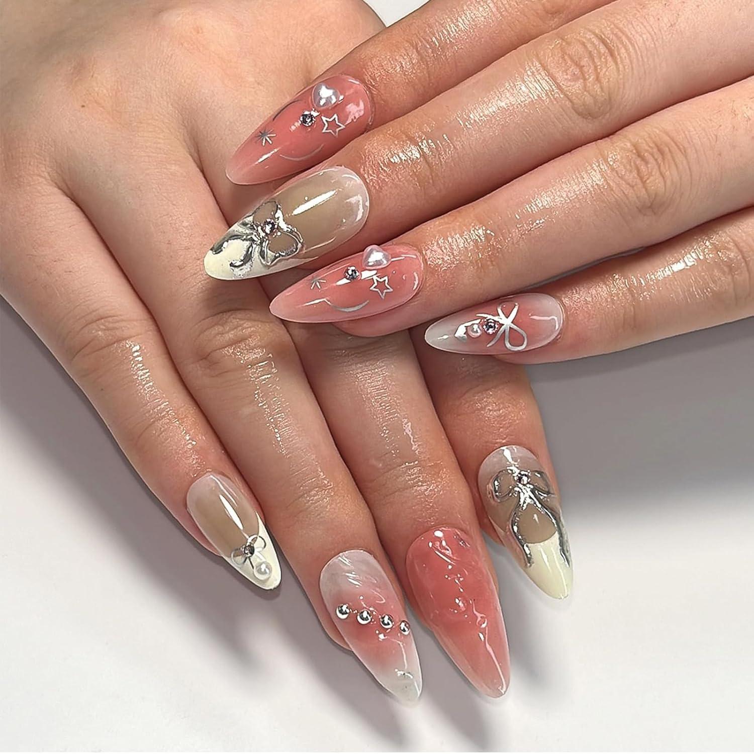 24er Set Rosa Acryl Falsche Nägel mit 3D Schleife Perlen Design
