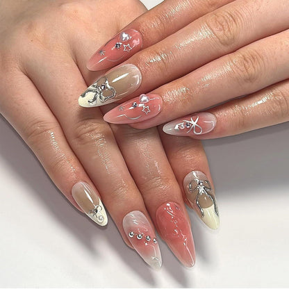 24er Set Rosa Acryl Falsche Nägel mit 3D Schleife Perlen Design