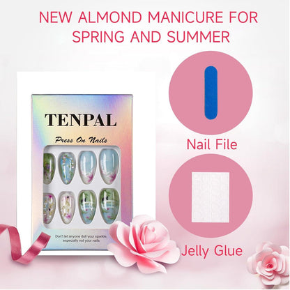 24x Mittelgroße Blau Grüne Almond Fake Nägel Schleife Cat Flower Design