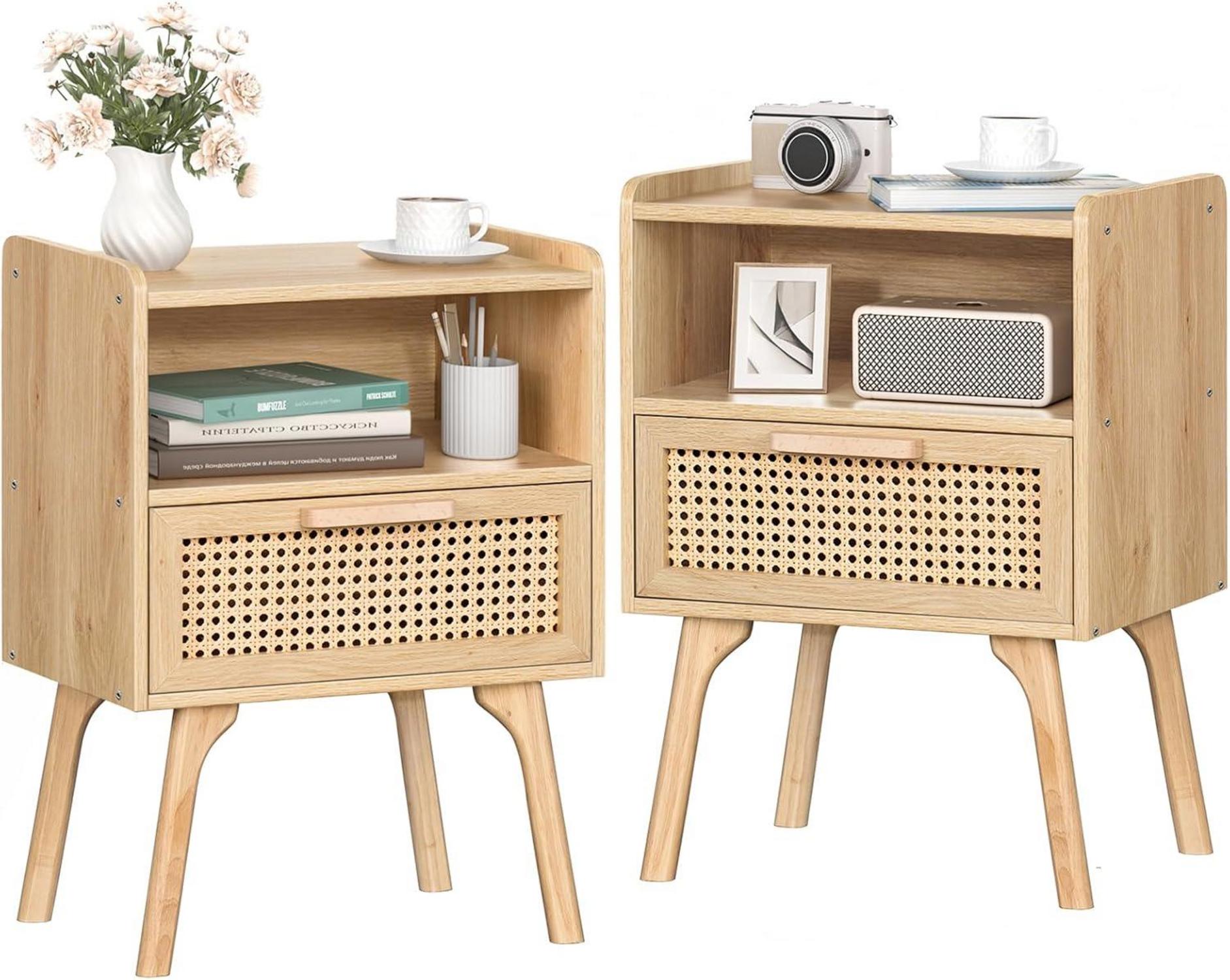Nachttisch Set Rattan Boho Schublade Offenes Regal Beistelltisch Holz