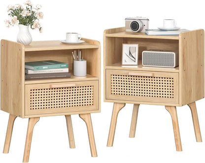 Nachttisch Set Rattan Boho Schublade Offenes Regal Beistelltisch Holz