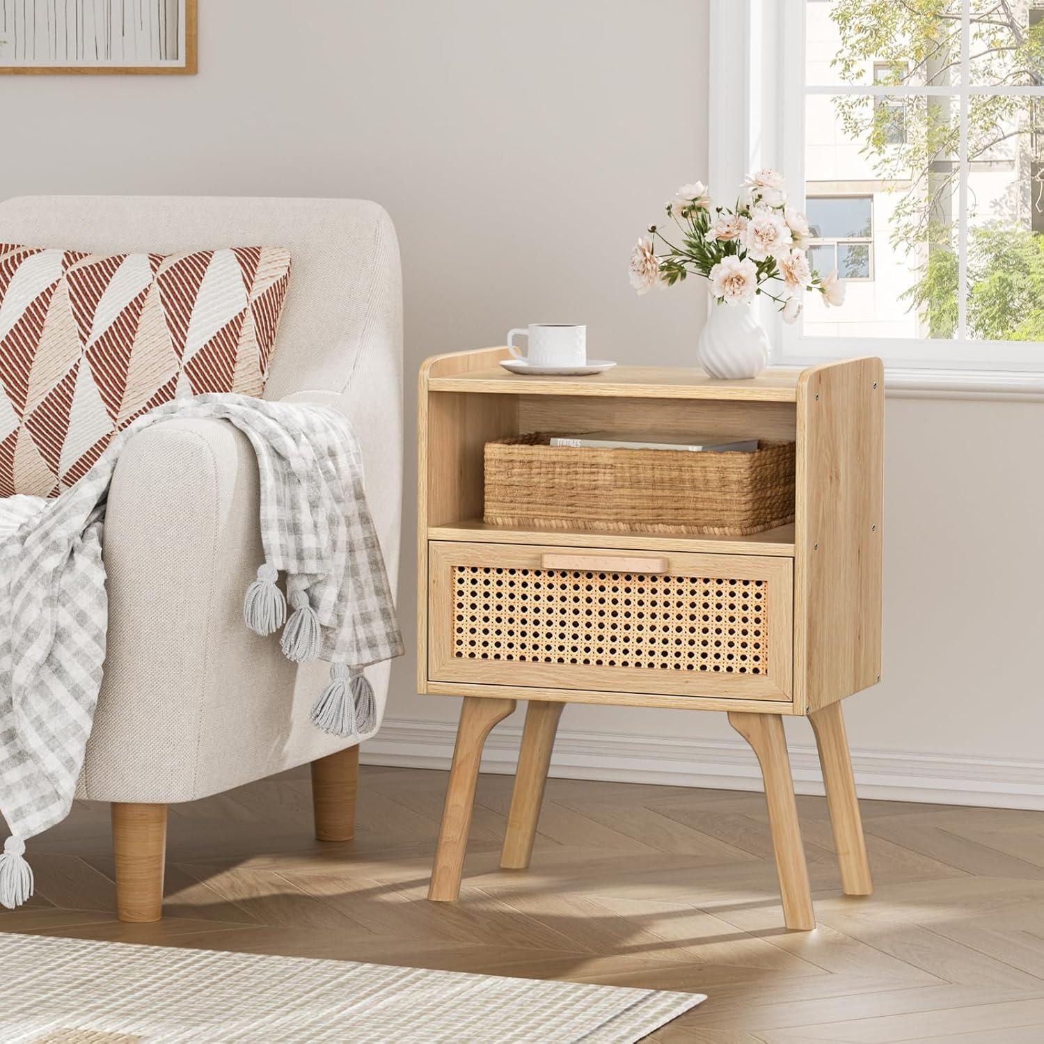 Nachttisch Set Rattan Boho Holz Schlafzimmer Beistelltisch Massivholz