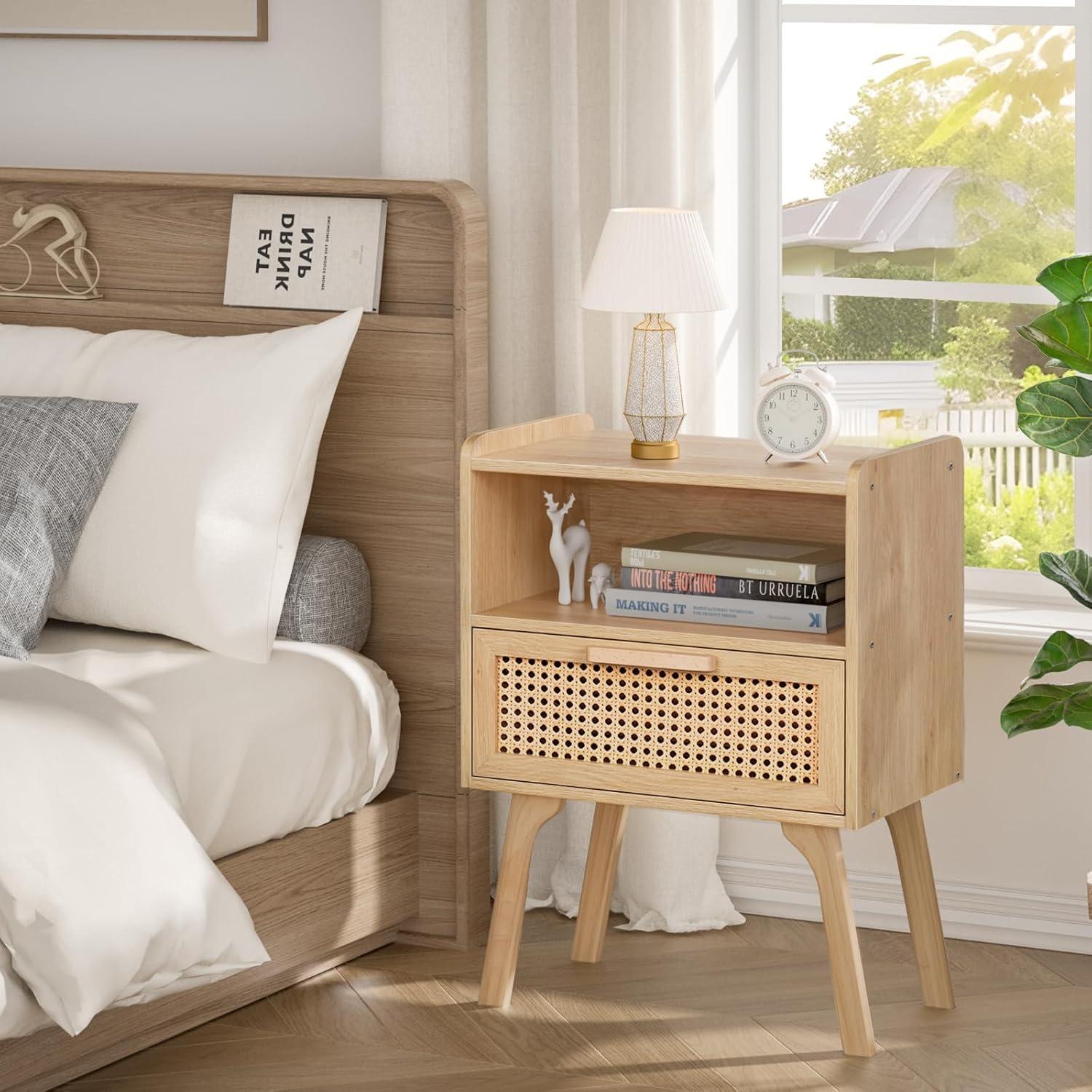 Nachttisch Set Rattan Boho 2er Holz Beistelltisch mit Schublade und Regal