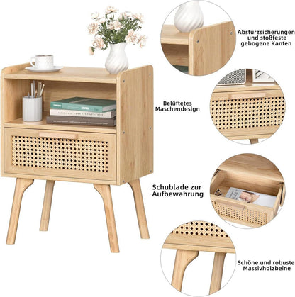 Nachttisch Set Rattan Boho Holz Schublade Regal Massivholz Sofatisch