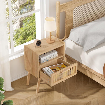 Nachttisch Set Rattan Boho 2er Holz Beistelltisch mit Schublade und Regal