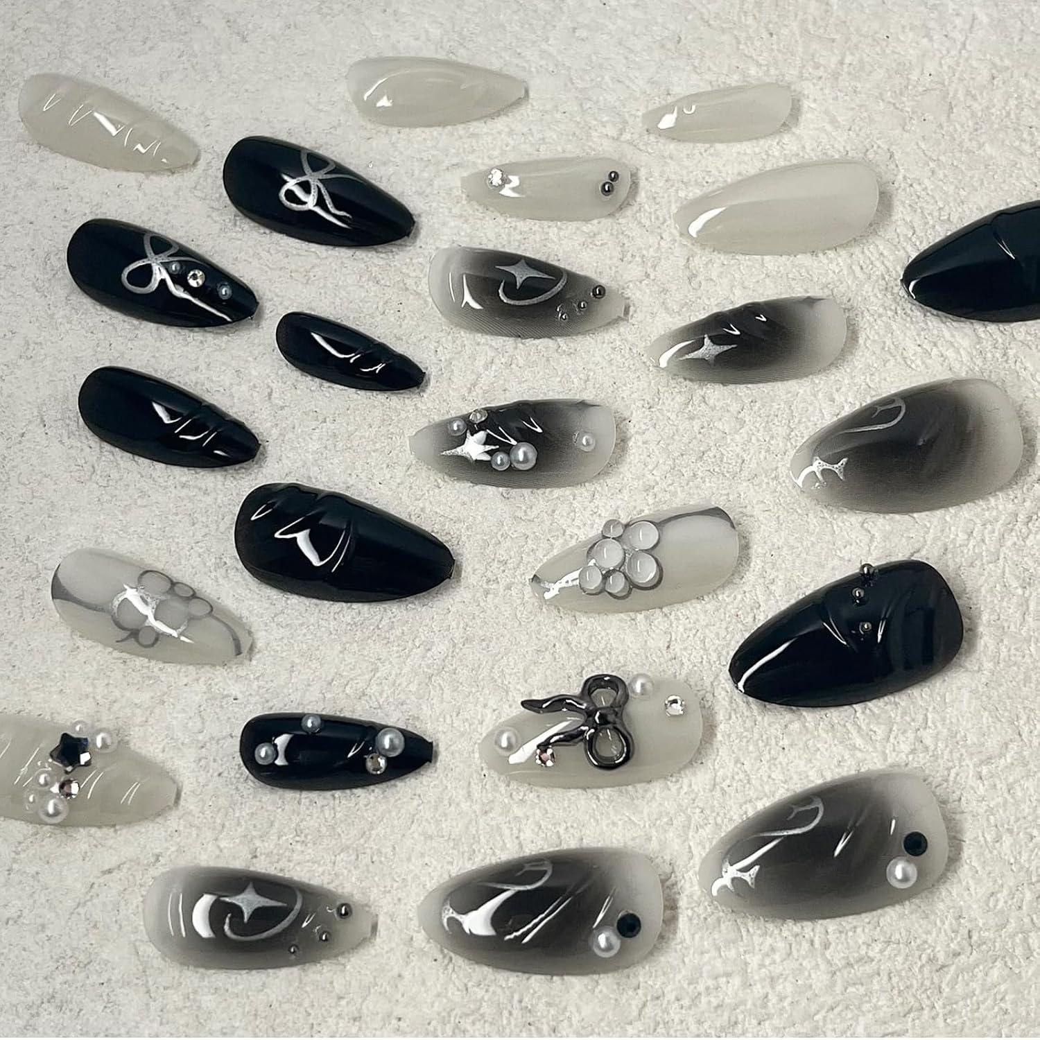 24 Stück Schwarze 3D Metall Schleife Fake Nägel, Medium Almond Gradient Design