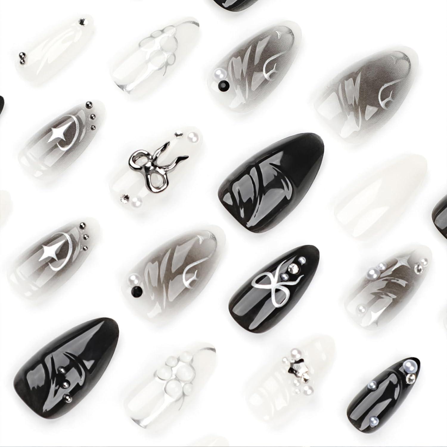 24 Stück Black Press on Nails Almond Perlen Design Gradient