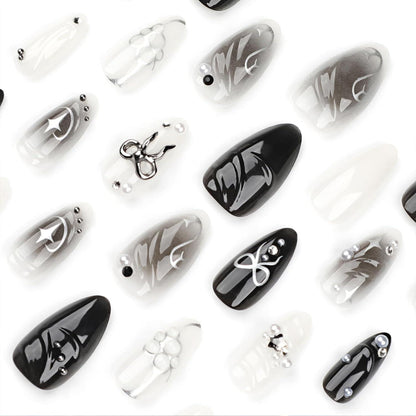 24 Stück Black Press on Nails Almond Perlen Design Gradient