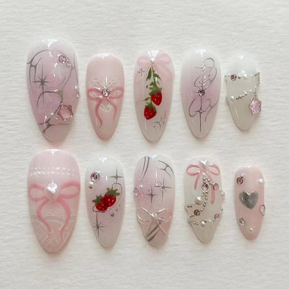 24er Set Rosa Press on Nails mit 3D Design und Gel-Kleber