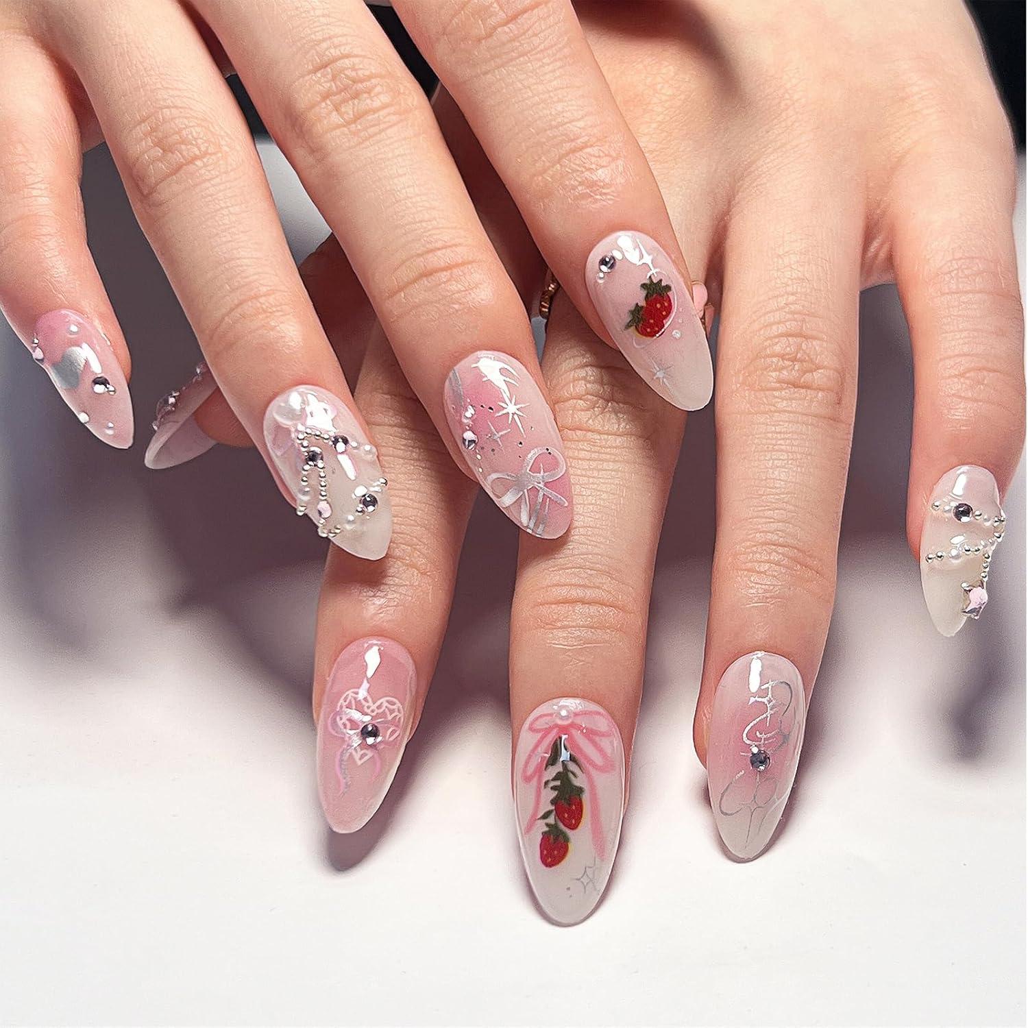 24er Set Rosa Press on Nails mit 3D Design und Gel-Kleber